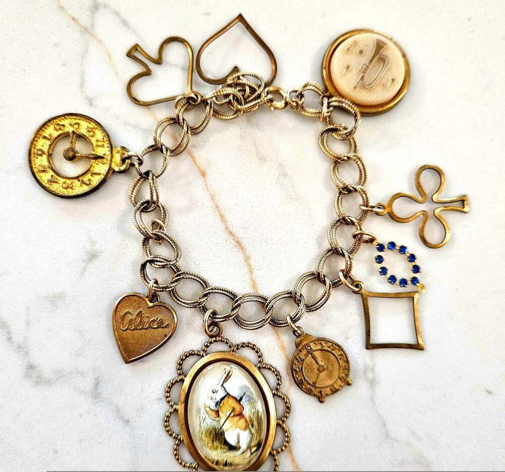 Vintage Alice in Wonderland  Charm Bracelet with White Rabbit /Novelty Charms